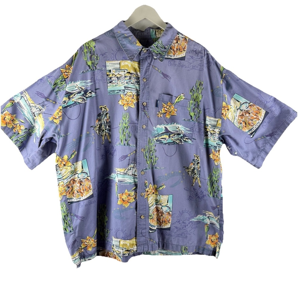 VTG Sportif USA Shirt Mens Sz XL Cabo Blue Fish Hawaiian‎ Short Sleeve *DESC*